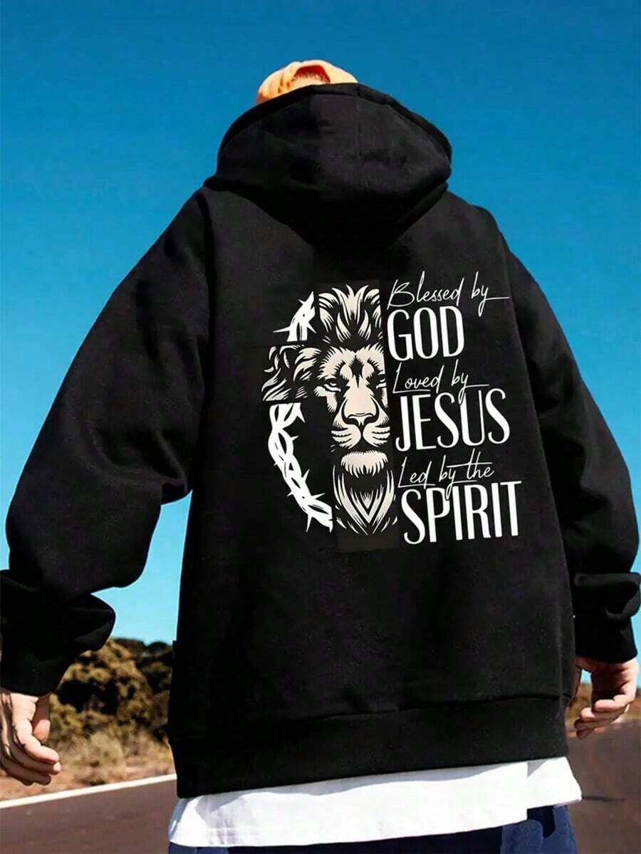 1 PcsMen's God Jesus Spirit Hoodie - By God Loved By Jesus 3D Printed Lion Graphic Pullover, 60% Cotton 40% Polyester Blend, Unisex Regular Fit Hooded Sweatshirt For Casual Outdoor Wear, Funny Gift For Husband Boyfriend, Allseason Pullover, Casual Loose Hoodie, Stretchable Hoodie,Fall Hoodies,Men's Fall Clothes,Street Wear,Halloween,Mens Hoodies,Y2k Clothes,Jesus Hoodie,Thanksgiving Day,Nightmare Before Christmas,Christmas180g 100% Cotton - 黑色 - 查看 1