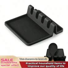 4pcs/Set Silicone Kitchen Utensil Holder Rack With Drip Mat, Heat Resistant Spoon Rest For Stovetop - Black - View 6