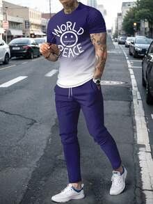 男士时尚印花圆领短袖T恤和裤子套装 - 彩色 - 查看 2