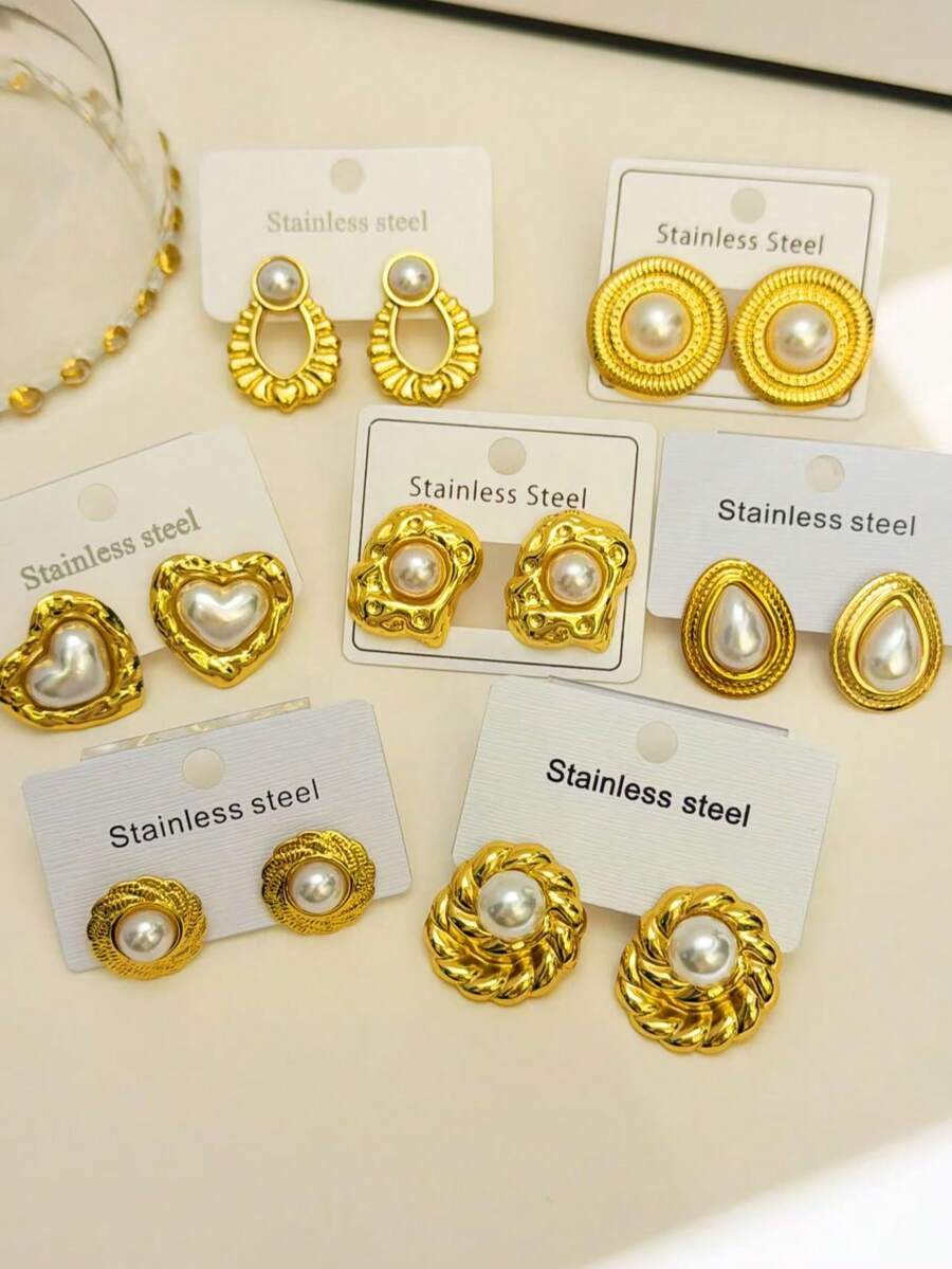 9 Pairs Vintage Luxurious Fashion Gold-Tone Pearl Earrings & Studs, Lightweight Elegant Design With Multiple Pearl Embellishments - Gold - View 1
