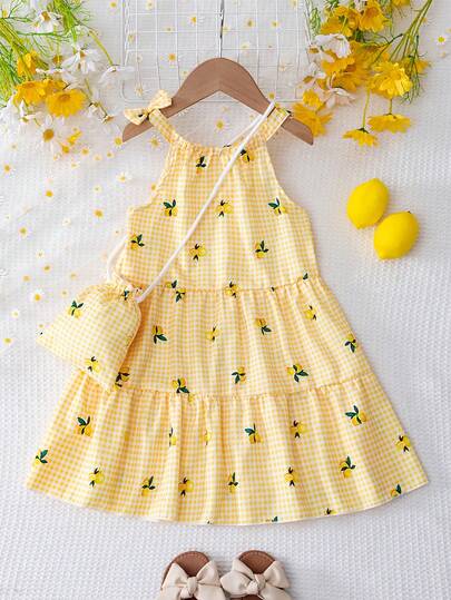 BASUSARRI Vestido de princesa con tirantes de espagueti y parches con estampado floral diminuto, con bolso mini a juego, estilo lindo y sencillo para vacaciones