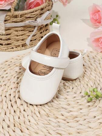 1 par de zapatos planos de princesa con diseño de gancho y bucle de unicolor para niñas, adecuados para gatear, dar los primeros pasos, bautizo, primavera/otoño