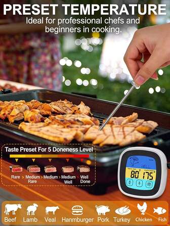 1pc Food Thermometer, Touch LCD Display Oven Food Temperature Gauge, Digital Grill Thermometer, Kitchen Food Meat Cooking Thermometer, Oven Thermometer, Digital Meat Thermometer, Fast Reading ABS Food Thermometer With Timer, Single Use, Suitable For Grilling, Kitchen Cooking, Adults - Powered By AAA Battery (Battery Not Included)