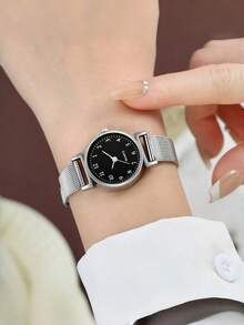 1PC 时尚休闲女士石英表，精致优雅的圆形指针，不锈钢表带，女士时钟。