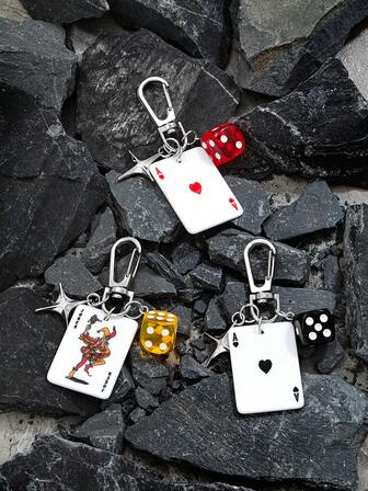1pc Retro Y2K Style Metal & Acrylic Playing Card, Star, Dice Keychain, Unique Keyring Pendant Suitable For Daily Wear, Party, Gift For Friends