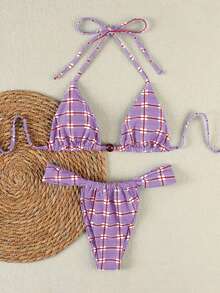 Ladies' Purple And Red Checkered Thin Striped Bikini With Metal Buckle Decoration, Sexy Resort Swimsuit, Two Pieces Swimsuit Set Beach Summer Spring 2026,Birthday Outfits For Women,Gym Wear Women,Elegant Dress Women,Elegant Dress Women,Vacation Outfits Women,Going Out Top - Multicolor - View 2