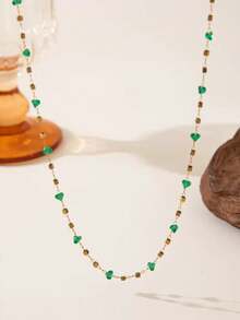 1pc Irregular Emerald Green Stone Stainless Steel Necklace Women's Fashionable Elegant Necklace, Lightweight Waterproof Versatile Choker Necklace For Daily Wear, Party, Date, And Vacation (The Number Of Beads Is Random) - Gold - View 3