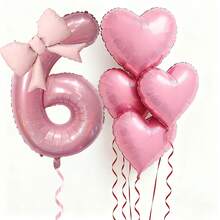kumozawa 6pcs Pink Number Balloons Set With Heart And Bow Decor, Numbers 0-9 - Soft Tone Birthday Party Decorations, Suitable For Baby Shower, 1st/2nd/3rd/4th/5th Supplies, Number Balloons - Pink - View 1