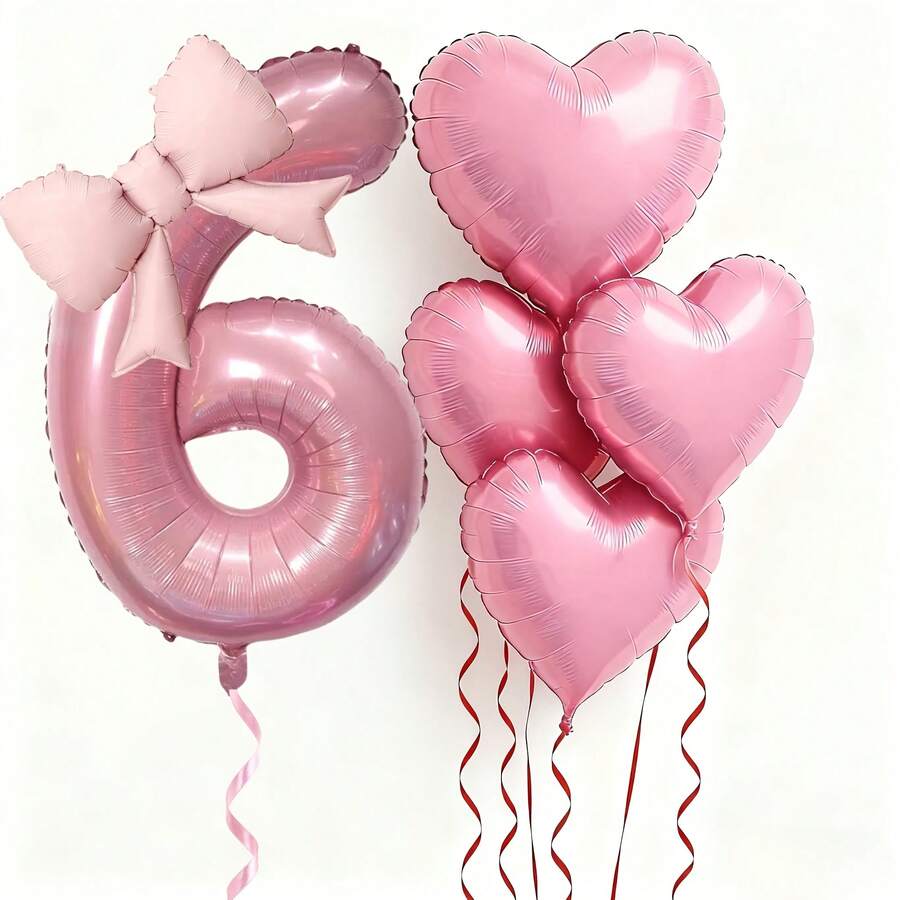 kumozawa 6pcs Pink Number Balloons Set With Heart And Bow Decor, Numbers 0-9 - Soft Tone Birthday Party Decorations, Suitable For Baby Shower, 1st/2nd/3rd/4th/5th Supplies, Number Balloons - Pink - View 1