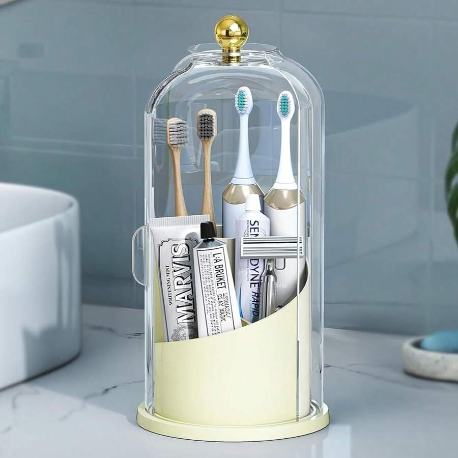 Delamu Toothbrush Holders With 360 Smooth Rotating Base, 3 Slots Bathroom Organizer Countertop With Sliding Lid, Brush Toothpaste Holder Makeup Brush Organizer For Vanity, Creamwhite,Creamwhite - Kem Trắng - Xem 1