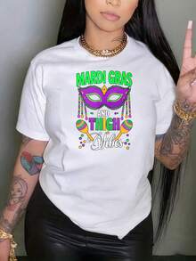 Fun Printed Casual Round Neck Mardi Gras And Thigh Vibes Party Shirt Festive Mask And Maracas Design White T-Shirt For Women Celebration Wear Suitable For Holiday Gifts - trắng - Xem 6