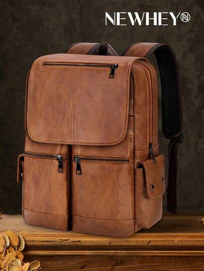 NEWHEY 15.6英寸笔记本电脑背包，适合男士和青少年 - 大容量PU皮革翻盖背包，防水轻便，商务休闲双肩拉链包，是工作、学习、通勤和旅行的理想之选。