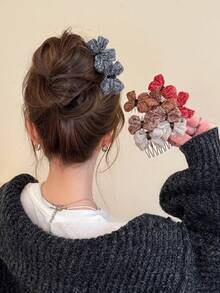 5 Peças Pentes de Cabelo com Laço Vintage Tricotados para Mulheres, Acessórios de Cabelo Doces e Fofos para Meninas, Presilhas de Cabelo com Laço Tricotado Versáteis e da Moda, Presilhas e Grampos de Cabelo Multifuncionais, Pente Lateral, Tiara