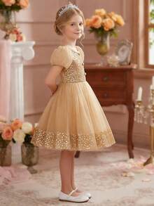 Vår/Sommarklänning med paljettmönster och rund halsringning i mesh för unga flickor - Champagne - Visa 3