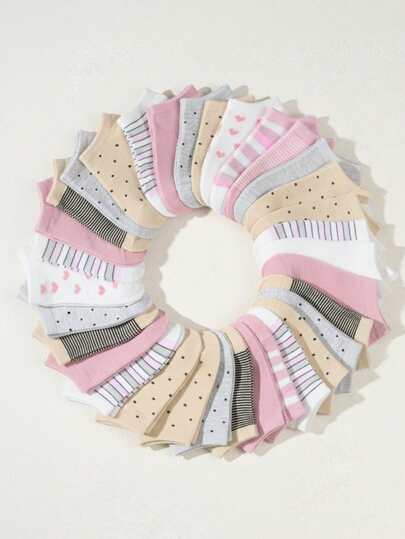 20 Pairs Kids Random Candy Color Bow, Heart, Stripe, Dot, Solid Mixed Comfortable Breathable Short Socks, Suitable For Spring/Summer