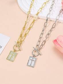 1pc Vintage Minimalist Cross & Geometric Rectangle Tag Pendant Necklace, Women Casual, Party, Work Commute Wear - Cross - View 3