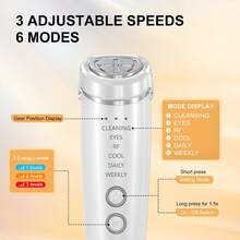 六合一面部按摩器，USB充电，三档模式，射频紧致淡化皱纹模式，冷热自动调节，提拉紧致面部按摩器，光子LED光疗面部及颈部按摩