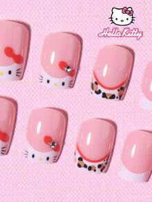 SANRIO Bộ 24 móng giả vuông ngắn 3D họa tiết da báo, kiểu Pháp, đính nơ đỏ và đá lấp lánh, màu hồng dành cho bé gái, vừa vặn hoàn hảo, bao gồm 1 keo dán và 1 dũa móng, thích hợp cho nữ và bé gái sử dụng hàng ngày, dự tiệc và tụ họp. - Nhiều màu - Xem 4