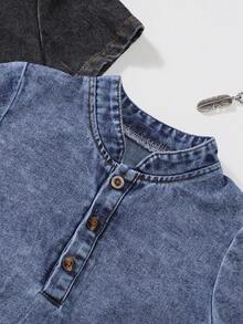 2pcs/Set Boys' Summer Half-Zip Short Sleeve Tee, Casual Denim T-Shirt, Baseball Collar Pullover Tops - Multicolor - View 7