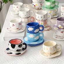 1 Cup 1 Saucer 300ml Handmade Coffee Cup & Saucer Set, Asymmetrical Latte Mug, Dessert Plate, New Afternoon Tea Ceramic Drinkware, Home Use Water Cup, Tea Cup, Fruit & Cookie Plate - Multicolor - View 2