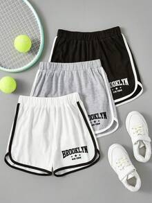 3pcs Girls' Letter Print Contrast Trim Shorts, School, Campus, College - Black - View 1