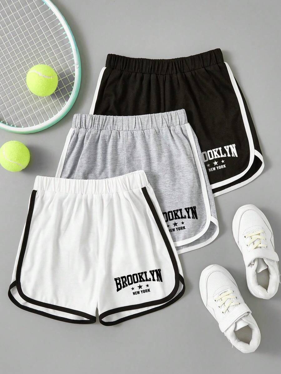 3pcs Girls' Letter Print Contrast Trim Shorts, School, Campus, College - Black - View 1