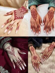 4 fogli di adesivi per tatuaggi temporanei all'henné marrone, mehndi, naturali, per mani, impermeabili, con motivi floreali, adatti per donne, decorazioni per Ramadan, matrimoni, feste e eventi - Castano - Visualizzare 2