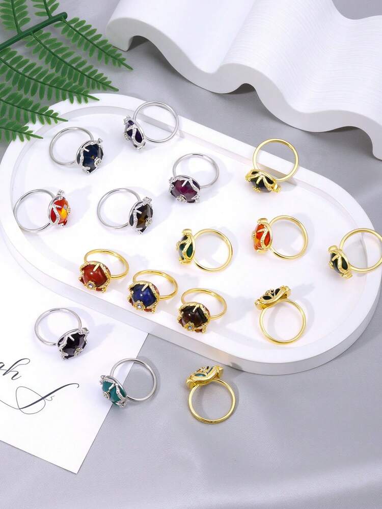 خاتم حجر طبيعي وردة واحدة، خرز كريستال أنيق من الأمثيست والكوارتز الوردي والعين النمر، خاتم حلقة كروي هدية مجوهرات H831 - جرس - مشاهدة 3