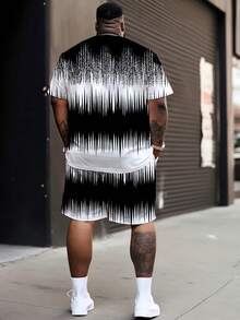 2pcs/Set Summer Men's Big & Tall Plus Size Set, Black & White Gradient Ripple Print Top And Shorts, Fashionable High Street Casual Outfit - Black and White - View 2