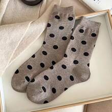 5 Pairs Women's Mid-Calf Socks, Polka Dot Contrast Color Pattern, Sweet & Fashionable, Ins Style High-Top Socks, Lightweight Breathable Comfortable, Moisture-Wicking, Suitable For Sports, Casual And Streetwear, Spring/Autumn