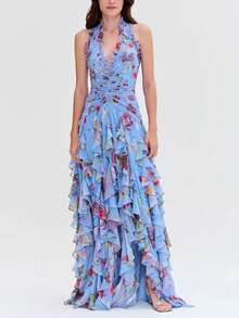 Women's Dress, Autumn New Style, Gentle Style, Fashionable Print, Ruffles, Fitted Dress - Màu xanh lam - Xem 1