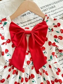 Korean Style Girls Cherry Print Dress, Summer, Backside Red Bow Puff Sleeve Princess Dress, Children Sweet Puffy Skirt, Children Waist Cinched Vacation Dress - Red - View 8