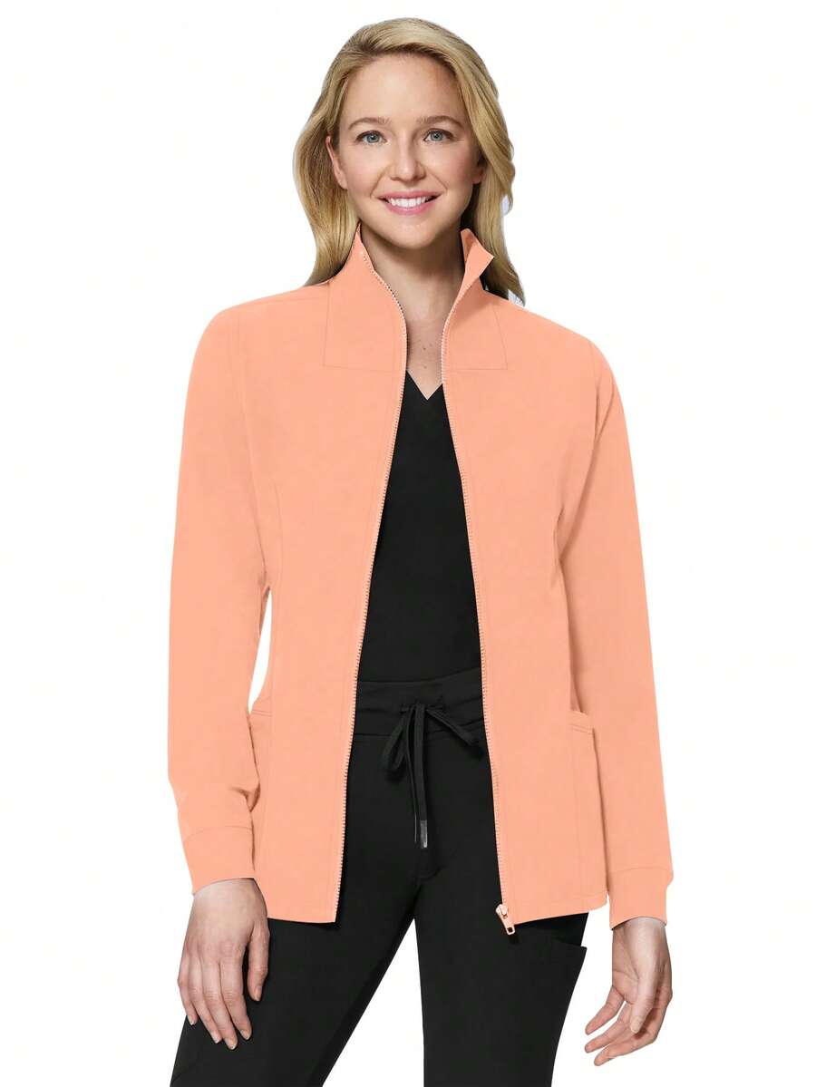 cimmuovere Solid Color Zipper Front Stand Collar Long Sleeve Scrub Jacket - Coral Orange - View 1