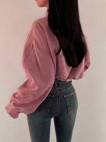 女士纯色简约休闲长袖外套 - 粉色 - 查看 5