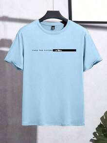 Men's Slim Fit T-Shirt With Letter Print, Crew Neck, And Short Sleeves, 100% Cotton - Celeste - Ver 5