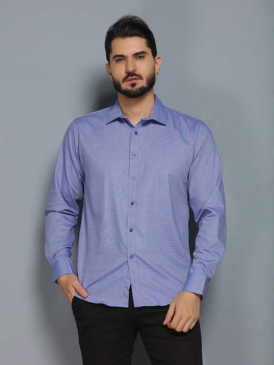 Men's Slim Fit Long-Sleeved Dress Shirt - Blue - View 1