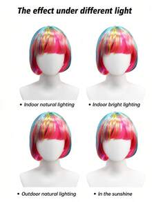 这款大胆的色彩组合和简约的波波头假发，完美契合都市街头风尚活动、时尚大赛或以现代Y2K彩虹核心造型为主题的生活摄影。鲜艳的色彩与亮片头顶形成鲜明对比，打造出引人注目又不失现代感的Y2K复古风格，定能吸引众人的目光。 - 彩色 - 查看 8