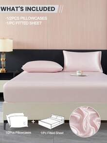 2/3件套纯色婴儿粉缎面床笠套装，仿丝绸质感，含1个床笠和1/2个枕套（不含枕芯），现代柔软床上用品套装，适用于家用特大号、大号、标准双人床、单人床等多种尺寸，床笠深度可达11.8英寸，透气防皱，提升睡眠质量，可机洗。