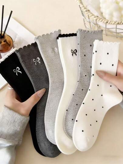 3 Pairs Assorted Lace, Polka Dot, Bow Design, Solid White Casual Mid-Calf Socks
