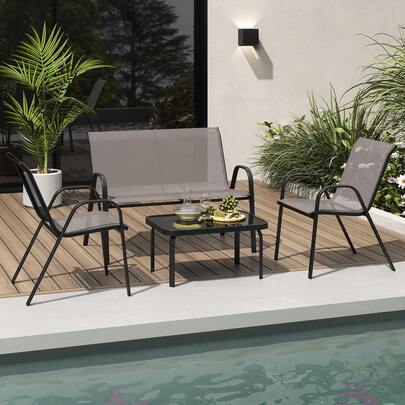  COSTWAY 4 Piece Patio Metal Chair Set, Modern Chair & Table Set W/ Fabric Seat, Tempered Glass Tabletop, Outdoor Conversation Furniture Set W/ Loveseat For Backyard, Porch, Poolside, Grey