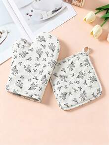 2pcs (Gloves + Pot Holder) Heat Resistant Oven Gloves And Pad, Personalized Printed Non-Slip Kitchen Accessories, Holiday Cooking Gift, Suitable For Home Kitchen - Multicolor - View 11