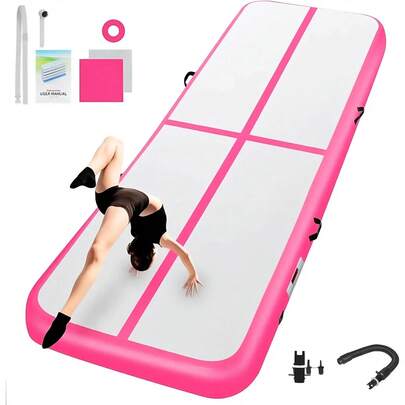 Inflatable Air Gym Mat 6.5ft/10ft Training Pad 4" Thick Jumping Mat With Pump, Pink And White Cheerleading/Yoga/Fitness Training Mat, Portable PVC Fiber, Suitable For Home, Pool, Park (And Other)