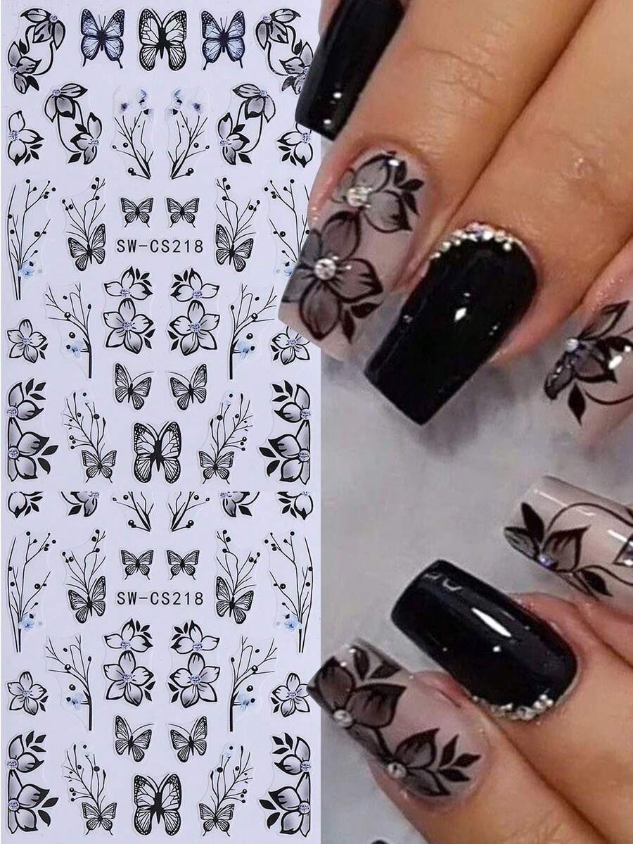 2PCS Black Flower Vine Designs Nail Stickers DIY Elegant Floral Butterfly Acrylic Nail Art Designs Self Adhesive Decals Manicure Nail Art Decoration Accessories For Women Girl - 黑色 - 查看 1