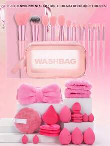 NEFOUME 35件套化妆套装，包含防水洗漱包+8个化妆海绵（8个水滴形/圆形/锥形），1对防溅腕带+蝴蝶结发箍，13支化妆刷及天鹅绒收纳袋