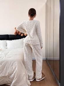 2pcs Women Winter Fleece Pajama Set, Bear Print Long Sleeve Top And Pants, Comfortable Loungewear For Home & Vacation - White - View 3