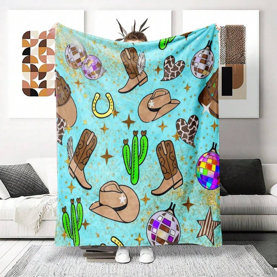 Retro Western Cowboy Theme, Cowboy Boots, Cowboy Hats, Cacti, Feather Design Patterns, Modern Home Style,Super Soft Flannel Printed  Blanket,As Birthday Gifts, Family, Wedding, Souvenir Blankets, Polyester Blankets Suitable For All Seasons, Washable, Machine Washable, Lightweight, Breathable, Comfortable, Warm, Unique, 280gsm For Him, Her Personalized Ideal Gifts For Her, Him, Family, Boyfriend, Girlfriend, Father, Family, Mother, Lover, Daughter, Son, Grandfather, Grandmother, Teacher,Doctor, Nurse,Friend, Classmate, Pet.Perfect Nap, Camping, Travel, Home, Daily Life, Office Decoration, Birthday, Anniversary, Valentine's Day, Thanksgiving, Graduation Season,Christmas, Halloween, Mother's Day, Father's Day, Wedding, New Year Gifts ,Sofa,Bed,Car,Bedroom,Living Room,Office,  Outdoor Camping, Beach,Wall Decoration - 多色38 - 查看 1