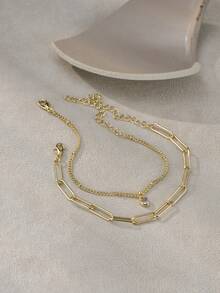 Nooxian 2pcs/Set Elegant Casual Paperclip Chain & Heart Pendant Bracelet Set For Women (Quantity Of Chain & Clasp Varies) - Yellow Gold - View 4