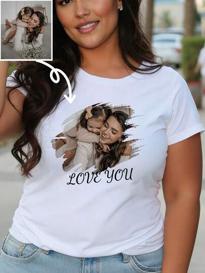 Customized Plus Size Simple Artistic Brushstroke Parent-Child T-Shirt, Exclusive Photo Print + Custom Text, Niche High-End Outfit, Mom & Best Friend Unique Short Sleeve Customized (Family Photo/Selfie/Pet Photo/Friend Photo/Party Photo/Parent-Child Photo/Couple Photo) Custom Text/Blessing/Name