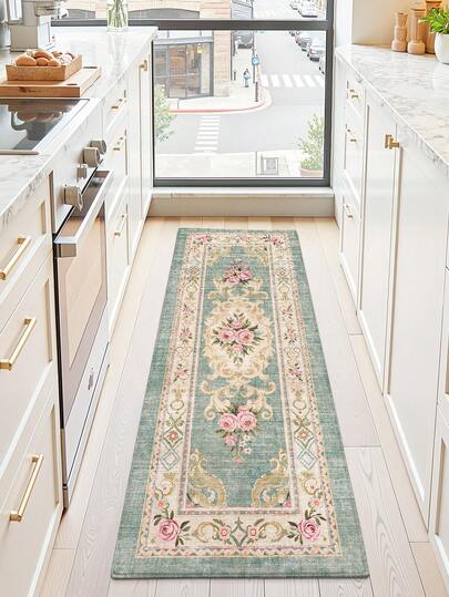 DAJIANG 1pc - Vintage Floral Doormat, Multi-Color European Floral Pattern, Kitchen Hallway Carpet, Wool-Like Material, Suitable For Bathroom, Kitchen, Outdoor, Indoor, Hallway, Bedroom, Living Room, Bedside, Machine Washable, Easy To Clean, Non-Slip Bottom, Suitable For Bedroom Winter Decor, Valentine's Day Holiday Decor, Bedroom Holiday Decor, Bathroom Accessories, Room Decor Set