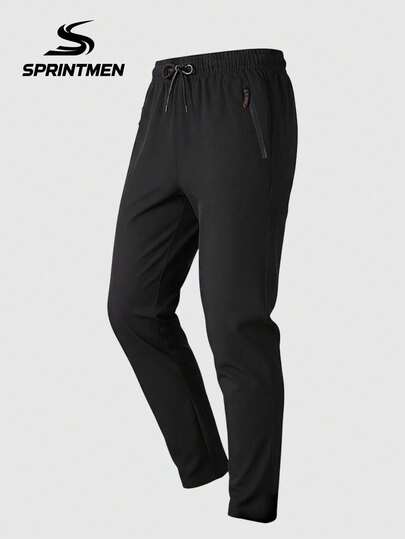 1pc Men's Black Relaxed Fit Drawstring Waist Sports Pants, Zipper Pockets, Breathable Fabric, Suitable For Summer Fitness, Running, Basketball